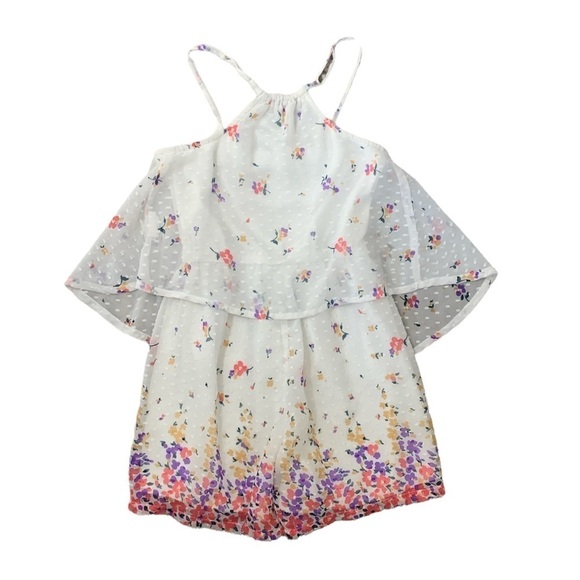 Honey Chiffon Overlay Floral Print Romper-White/Pink, Sz Small Juniors - Picture 2 of 4